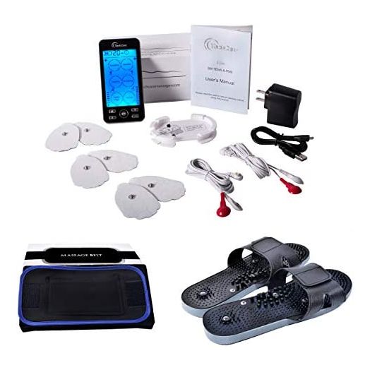 TechCare Plus 24 Modes Tens Unit Massager Rechargeable Unit Electric Complete Set + Massage Belt + Reflexology Shoes Back Neck Pain
