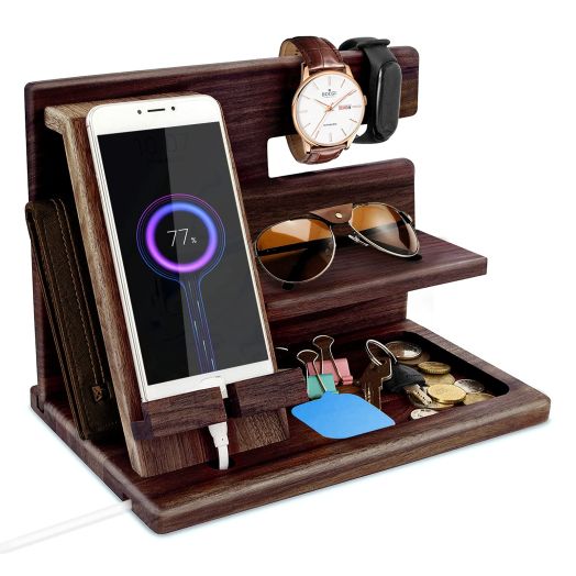 Father s Day Gifts for Dad from Wife/Daughter,Gifts for Men Wood Phone Docking Station Birthday Gifts for Men,Mens Gifts for Husband Nightstand Key Wallet Watch Organizer Gifts Fathers Day for Dad