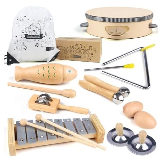 Chriffer Kids Musical Instruments Toys, Percussion Instruments Set with Xylophone, Preschool Educational Music Toys for Boys Girls, Natural Eco-Friendly Wooden Music Set (8)