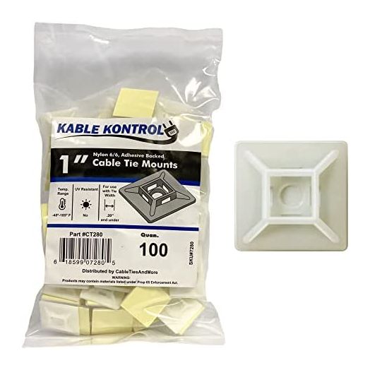 Kable Kontrol Zip Tie Mounts, 1” Sq, Natural White, 100 Pcs, Adhesive Backed Multi-Purpose Mounting Squares Nylon Cable Tie Wrap Anchor Pads for Cable Management