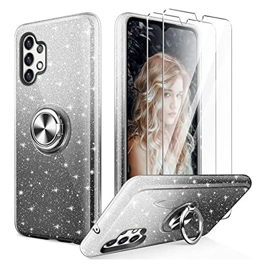 KSWOUS Galaxy A32 5G Case with 2 Pack Screen Protector, Crystal Clear Glitter Sparkly Bling Protective Cover with Kickstand for Women Girls Slim Shockproof Case for Samsung A32 5G (Black)