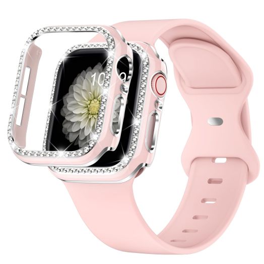 XYF Compatible for Bling Apple Watch Band 45mm 44mm 42mm 41mm 40mm 38mm TPU Strap Protective Bling Bumper Case Cover, Men Women Soft Silicone for iWatch SE Series 8 7 6 5 4 3 2 1 (Pinksand, 40mm)