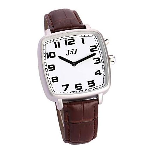 Square English Talking Watch with Alarm,Talking Date and Time,White Dial,Brown Leather Band TESW-1707A