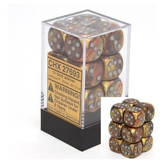 Chessex Dice d6 Sets: Lustrous Gold with Silver, 16mm Six Sided Die (12) Block of Dice
