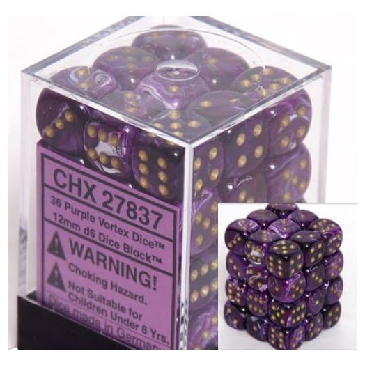 Chessex Dice D6 Sets: Vortex Purple with Gold - 12Mm Six Sided Die (36) Block of Dice