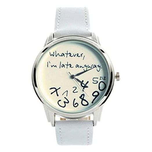 Vavna"Whatever, I'm Late Anyway" Print Leather Women Men Silver Quartz Watch