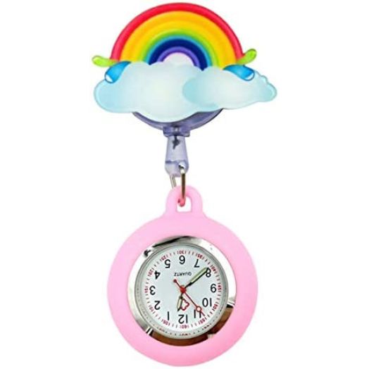 Vavna Nurse Fob Watch Cartoon Cover Clip-on Hanging Stethoscope Retractable Medical Pocket Watches for Women Nurses Doctor Glue in Dark Rainbow Pink