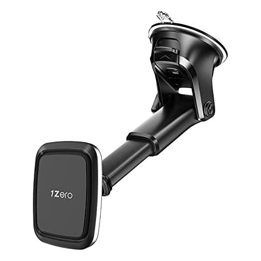Magnetic Phone Car Mount with Quick Extension Telescopic Arm, 1Zero Hands-Free Windshield Dashboard Cell Phone Holder for Car Compatible with iPhone Smartphone, Sticky Suction Cup, 6 Strong Magnets
