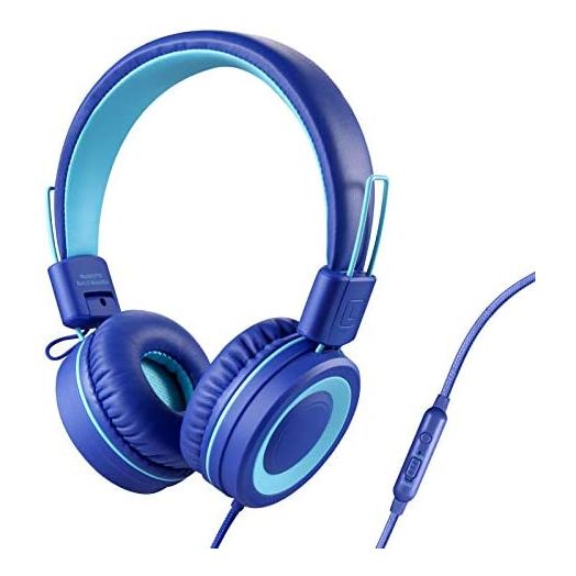 POWMEE P10 Kids Headphones with Microphone Stereo Headphones for Children Boys Girls,Adjustable 85dB/94dB Volume Control Foldable On-Ear Headphone with Microphone for School/PC/Cellphone(Blue)
