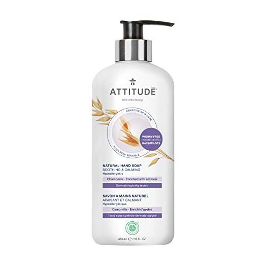 ATTITUDE Natural Hand Soap for Sensitive Skin, Dermatologist-tested & Hypoallergenic, Vegan & Cruelty-free, Chamomile, 16 Fl Oz