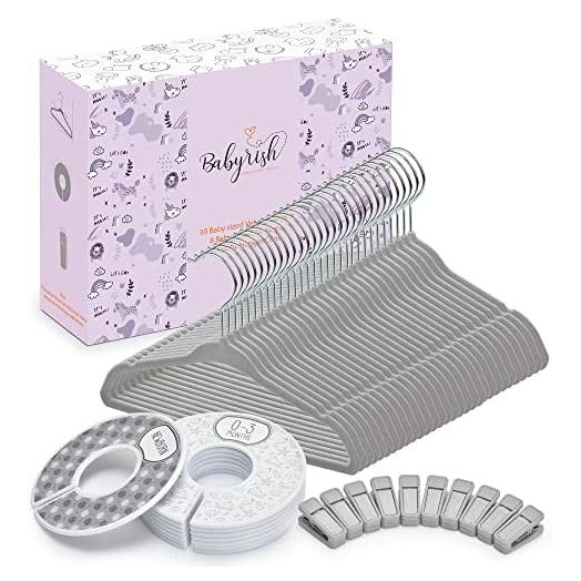 Babyrish Velvet Baby Hangers 30 Pack, Ultra Thin Nonslip Nursery Clothes Hangers with 8pcs Cute Clothing Dividers and 10pcs Hanger Clips for Baby Boys & Girls Closet Organizer, Grey Kids Hangers