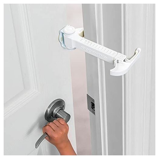 DOORWING Portable Door Lock & Pinch Guard. No Adhesives, Screws or Door Damage. Adjustable Door Latch for Baby Proofing. Dog Gate & Cat Door Alternative. Let Cats In, Keep Kids/Dogs Out of Litter Box.
