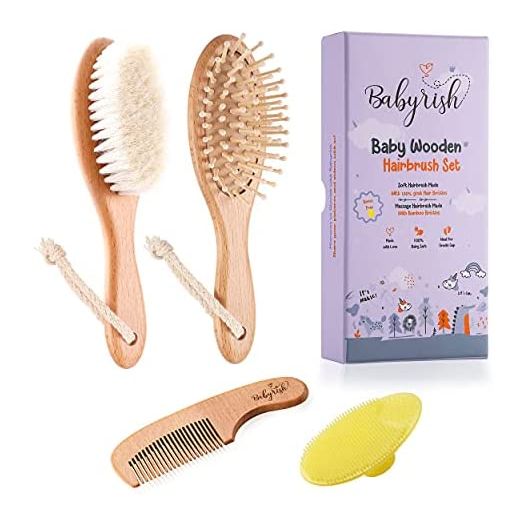 Babyrish Baby Hair Brush Set – Infant Hairbrush with Soft Goat Hair Bristles – Complete Baby Grooming Kit with Baby Comb, Wooden Massage Brush, Silicone Brush –Baby Registry Gift for Newborn Boy, Girl