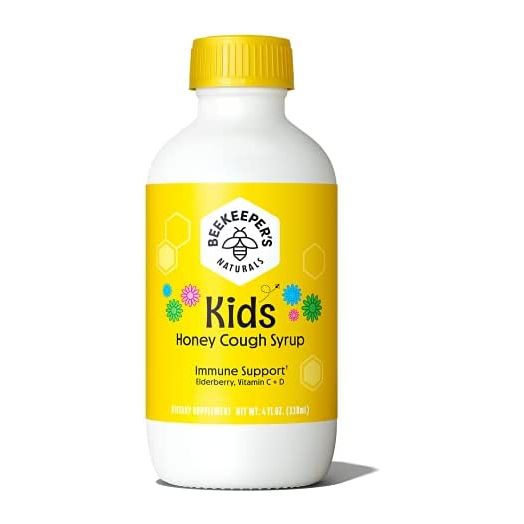 BEEKEEPER'S NATURALS Kids Daytime Honey Cough Syrup - Immune Support with Elderberry, Vitamin C, Vitamin D & Raw Honey - Gluten Free & Clean Ingredients, 4 oz.