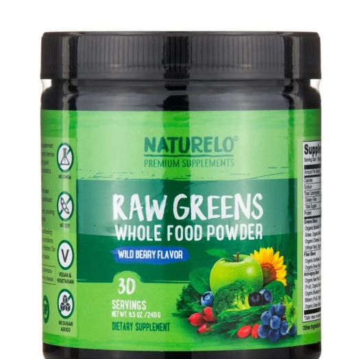 NATURELO Premium Supplements Raw Greens Whole Food Powder, Wild Berry Flavor - 30 Servings (8.5 oz / 240 Grams)