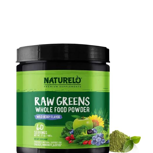 NATURELO Premium Supplements Raw Greens Whole Powder, Wild Berry Flavor - 14 oz (480 Grams)