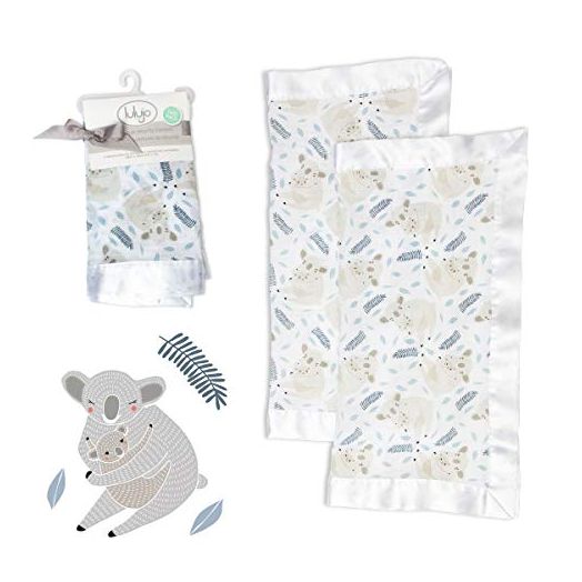 lulujo Baby Security Lovey Blankets| Unisex Softest Breathable Cotton Muslin Security Blanket with Silky Satin Trim| Neutral Comforting Blanket for Girls & Boys | 16in by 16 in| Koala