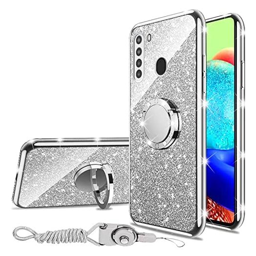 for Galaxy A21 Case Glitter Luxury Cute Silicone TPU Phone Case for Women Girls with Neck Lanyard, Clear Bling Diamond Rhinestone Bumper Ring Kickstand Slim Cover for Samsung Galaxy A21 - Silver