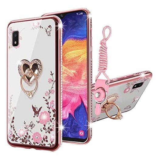 for Samsung Galaxy A10e Case, Samsung A10e Case for Women Glitter Crystal Soft TPU Bling Cute Butterfly Heart Floral Clear Protective Cover with Ring Kickstand+Strap for Galaxy A10e (Rose Gold)