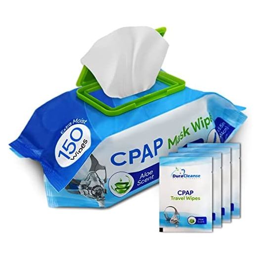 DuraCleanse CPAP Mask Cleaning Wipes - 150 Count Plus 4 Travel Wipes - Lint & Alcohol Free Wipes for CPAP, BiPAP & Other Pap Masks - Skin Safe with Aloe Vera