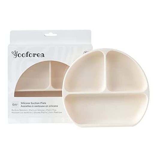 Yooforea Platinum Silicone Baby Suction Plate (Upgraded), Baby Led Weaning Plate, 100% Food Grade Silicone, Non Sticky Stain Resistant by UV Treatment, Dishwasher, Microwave Safe, BPA BPS Free - Cream