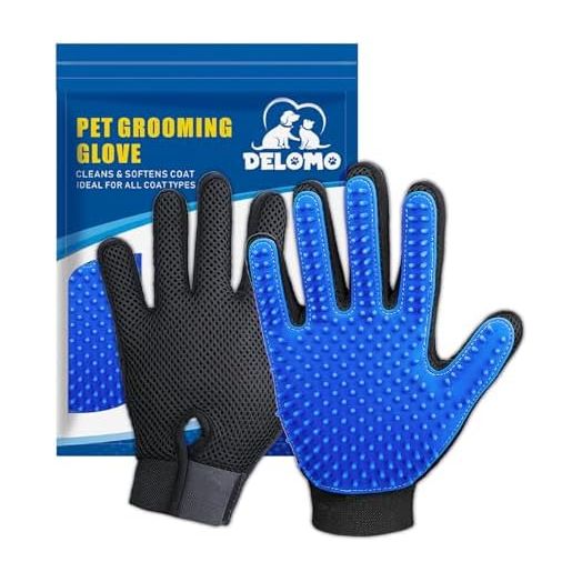 DELOMO Upgrade Pet Grooming Gloves Cat Brushes for Gentle Shedding - Efficient Pets Hair Remover Mittens - Dog Washing Gloves for Long and Short Hair Dogs & Cats & Horses - 1 Pair (Blue)