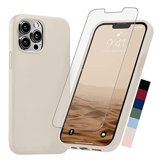 AloCase Compatible with iPhone 13 Pro Case Stone Grey Silicone with Screen Protector [6ft Drop Tested] Slim Protective Phone Cover w/Microfiber Lining for Women & Men