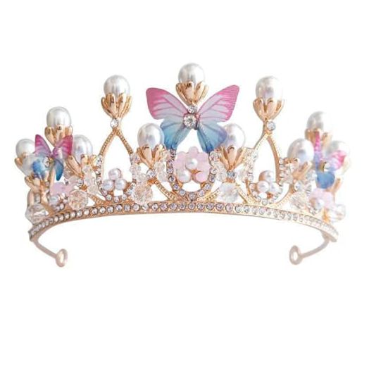 YOVECATHOU Girls Tiara Butterfly Princess Crown, Gold Pearl Rhinestone Headband