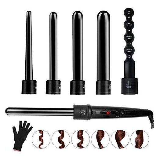 6 in 1 Curling Iron Wand Set With 6 Interchangeable Ceramic Barrels and Heat Protective Glove (Black-6in1)