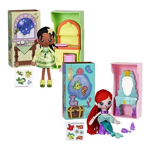 SWEET SEAMS 6" Soft Rag Doll Bundle Pack – 2pc Toy | The Little Mermaid Ariel Doll and Vanity Playset, The Princess and The Frog Tiana Doll & Kitchen Playset