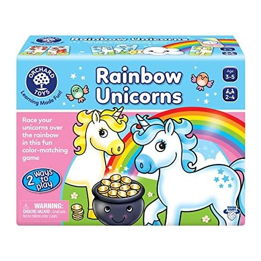 Orchard Toys Moose Games Rainbow Unicorns Game. Race Your Unicorns Over The Rainbow to a Pot of Gold in This Magical, Fun Color-Matching Game! Ages 3+ for 2-4 Players