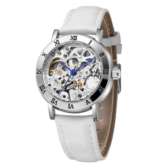 Carlien Women's Steampunk Automatic Mechanical Watch Skeleton Dial Leather Dress Wrist-Watch (Silver)
