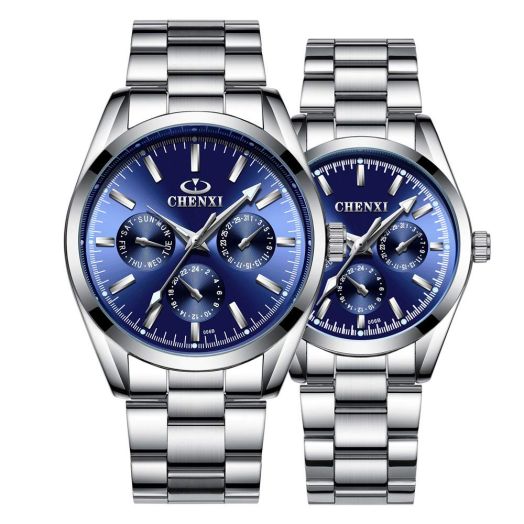 Gosasa Couple Watches Women and Men Silver Stainless Steel Watches His or Hers Quartz Watches (Black) (Blue)