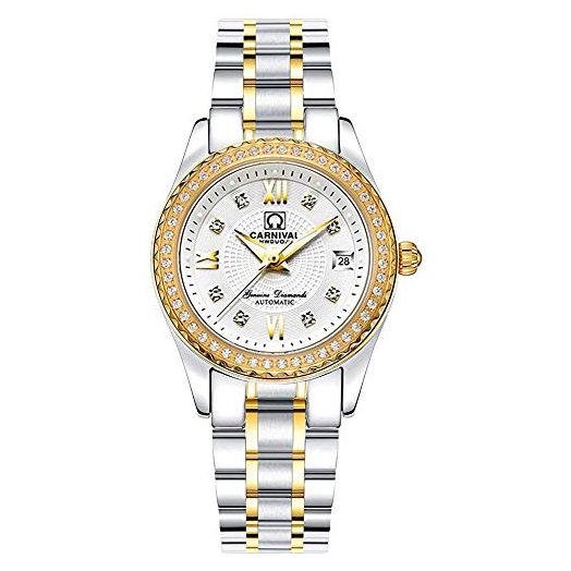 Gosasa Automatic Watch Fashion Women's Analog Watches Stainless Steel Link Waterproof Ladies Luxury Dress Watch (Silver & White)