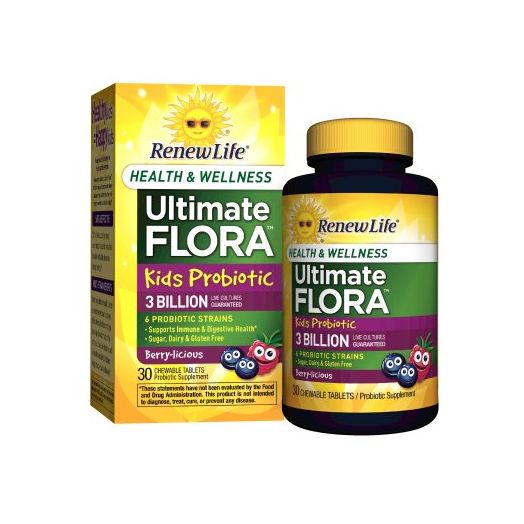 Renew Life Kids Probiotic, Ultimate Flora Health & Wellness, 3 Billion, 30 Chewable Tablets