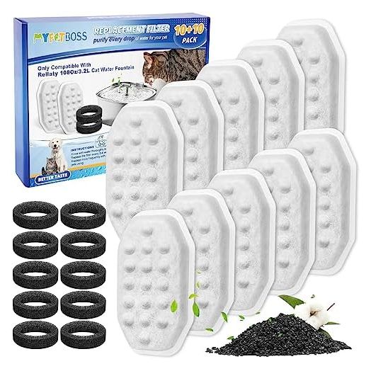 Cat Fountain Filter Replacement, Cat Water Fountain Filter for Rellaty 3.2L/108oz Cat Water Fountain, 10 Water Fountain Filters with 10 Sponge Filters (10+10)