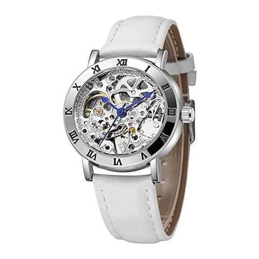 Mastop Women's Watches Automatic Steampunk Self Winding Mechanical Silver Bracelet Ladies Skeleton Wrist Watch