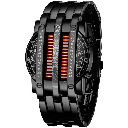 Mens Creative Binary Digital Watches Unique Matrix LED Watch futuristic Cool Stainless Steel Wrist Watch (U Black Red)