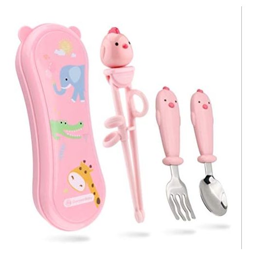 Goryeo Baby Toddler Utensils Stainless Steel Kids Silverware Set with Kids Training Chopsticks and Baby Spoon and Fork for Self Feeding Learning with Case (3PCS)(Pink)