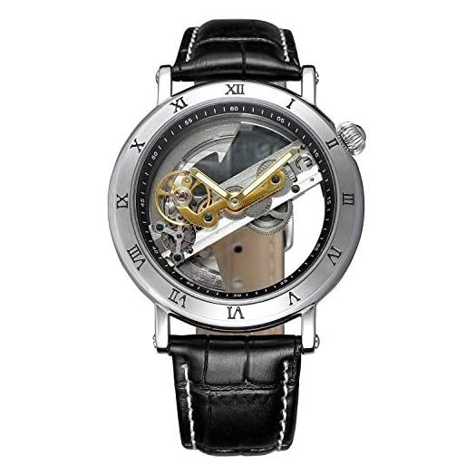 Unique Mens Automatic Watch Transparent Watch Dial Hollow Skeleton Silver Tone Mesh Band Watch