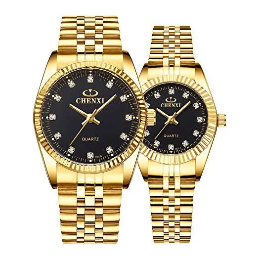Couple Watches Classic Golden Stainless Steel Watch His and Hers Waterproof Quartz Watch