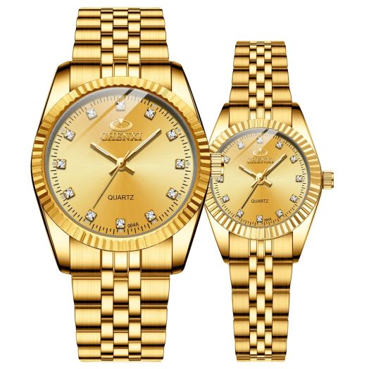 MASTOP Couple Watches Classic Golden Stainless Steel Watch His and Hers Waterproof Quartz Watch (Full gold)