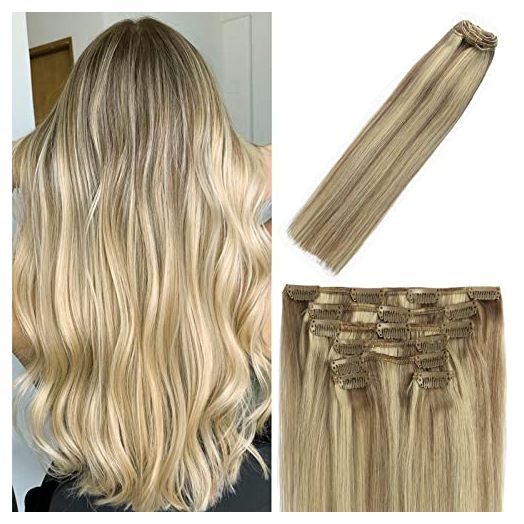 WindTouch Clip in Hair Extensions Human Hair Balayage Mixed Bleach Blonde 15Inch 70g Highlights for Blonde