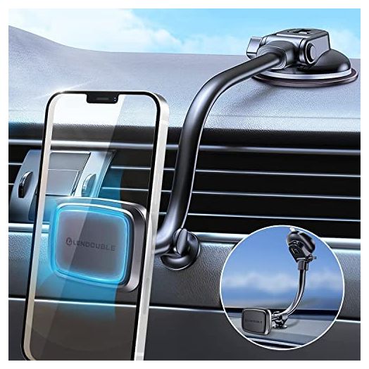 Long Arm Magnetic Car Phone Mount, Gooseneck Magnet Cell Phone Holder with 2 Metal Plates & Strong Suction Cup, Universal Dashboard 360 Degree Rotation Hands Free Mount for iPhone 13 Most Smartphones