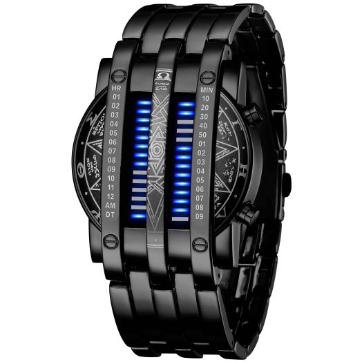 Binary Matrix Blue LED Digital Watch Mens Classic Creative Fashion Black Plated Wrist Watches (Black Blue)