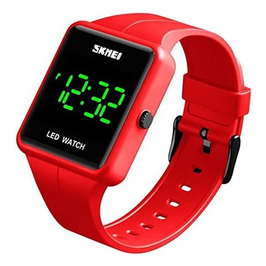 Simple Men Women Sports LED Digital Big Display Waterproof Date PU Strap Square Electronic Couple Watch (Red)