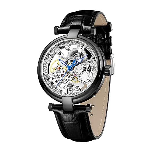 Skeleton Automatic Steampunk Watches Gold-Tone Luminous Hands Leather Strap Wrist-Watch