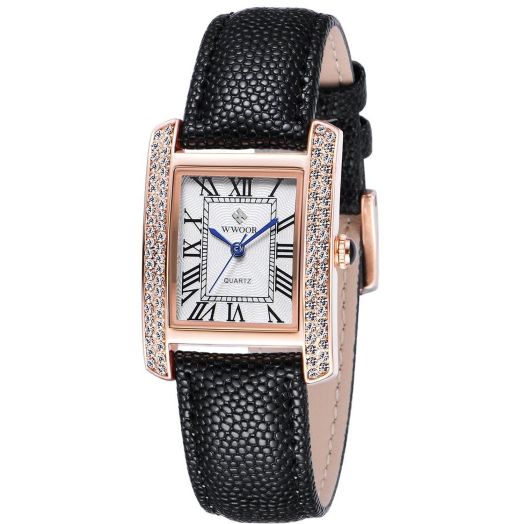 carlien Luxury Square Dress Ladies Quartz Watch for Women Roman Dial Diamond Leather Strap Wrist Watch (Black)