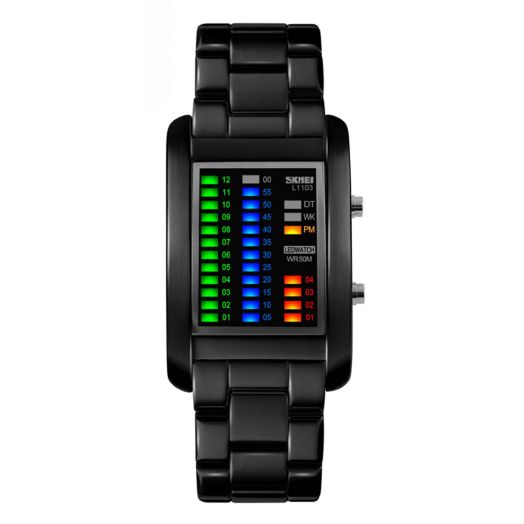 Men's Creative Binary Matrix Blue LED Digital Waterproof Watch Stainless Steel Military Silver Watches (Black)