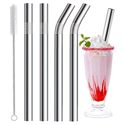 Vinaco Stainless Steel Smoothie Straws, 0.4'' Extra Wide Reusable Metal Drinking Straws for Milkshake, Smoothie, Beverage, Set of 4 with 1 Cleaning Brush